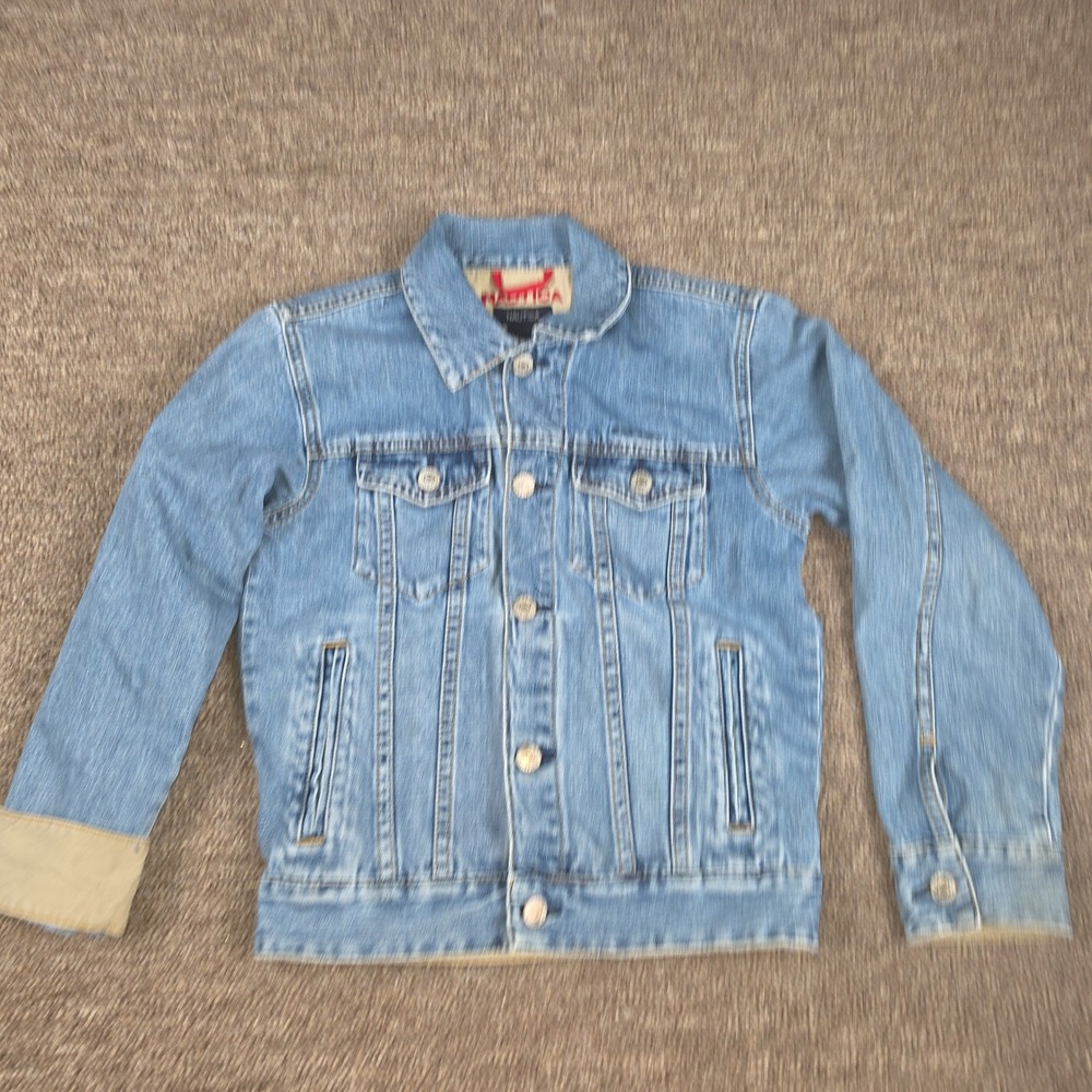 Nautica Denim Jacket Kids Size L 8-10 Blue Trucker Jean Coat Tan Trim Cotton